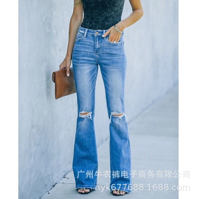 Donsignet Fashion Women&s Jeans Autumn Casual Hot-selling High Street Fashion Mid-rise Solid Color Ripped Hollow Hor